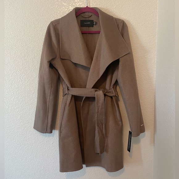 Tahari Double Faced Wool Lightweight Wrap Coat - Mink - Picture 6 of 9